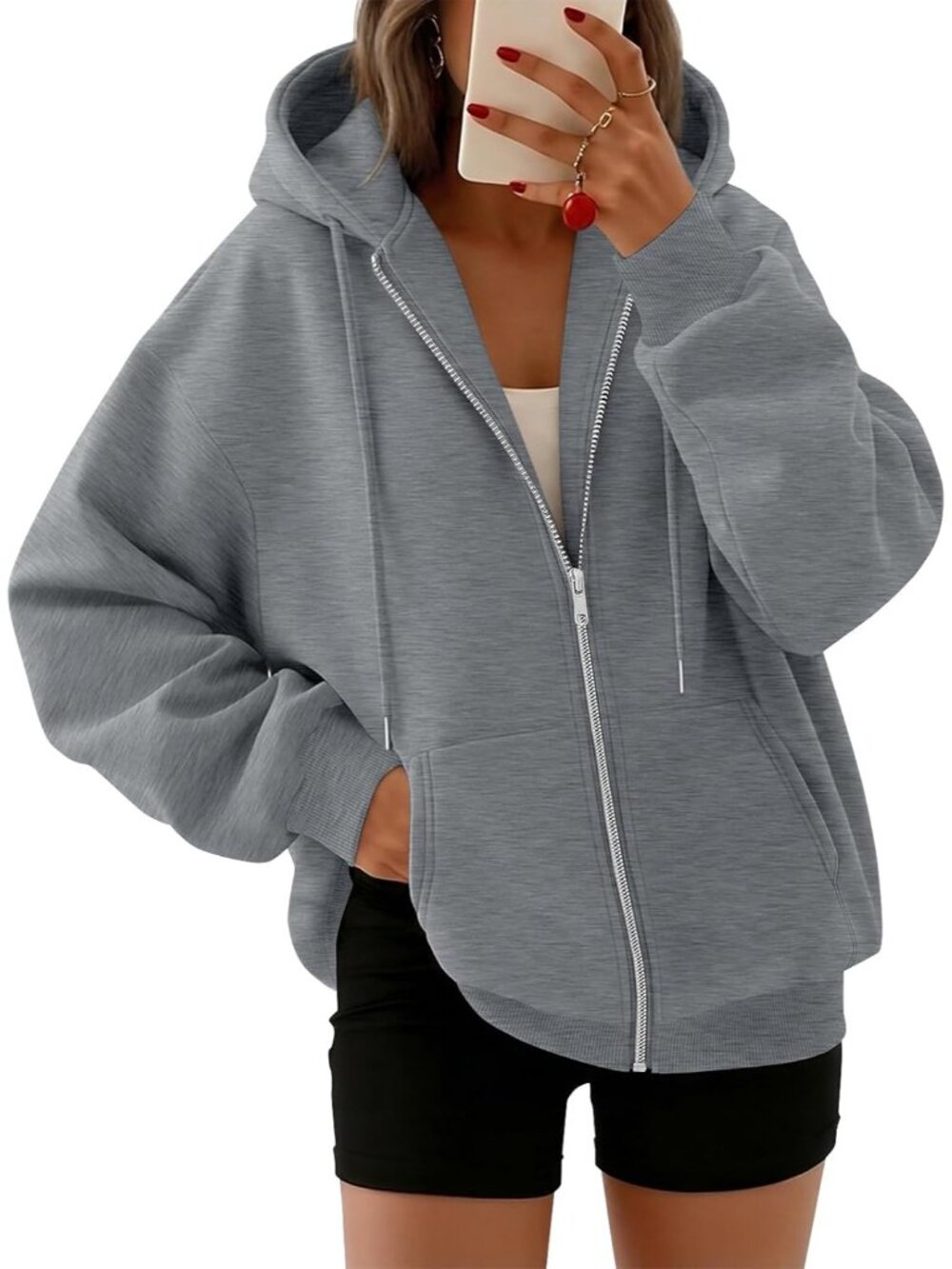 〽️Women Dark Grey Oversized Zip Up Hood Neck Cute Lightweight Winter Sweatshirt